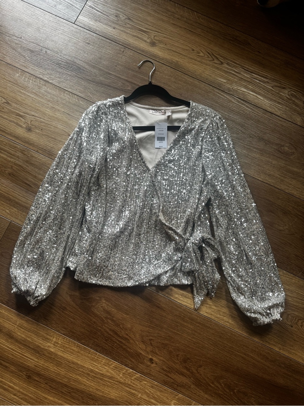 Sequin Wrap Blouse with Tie Waist - tan/Gold